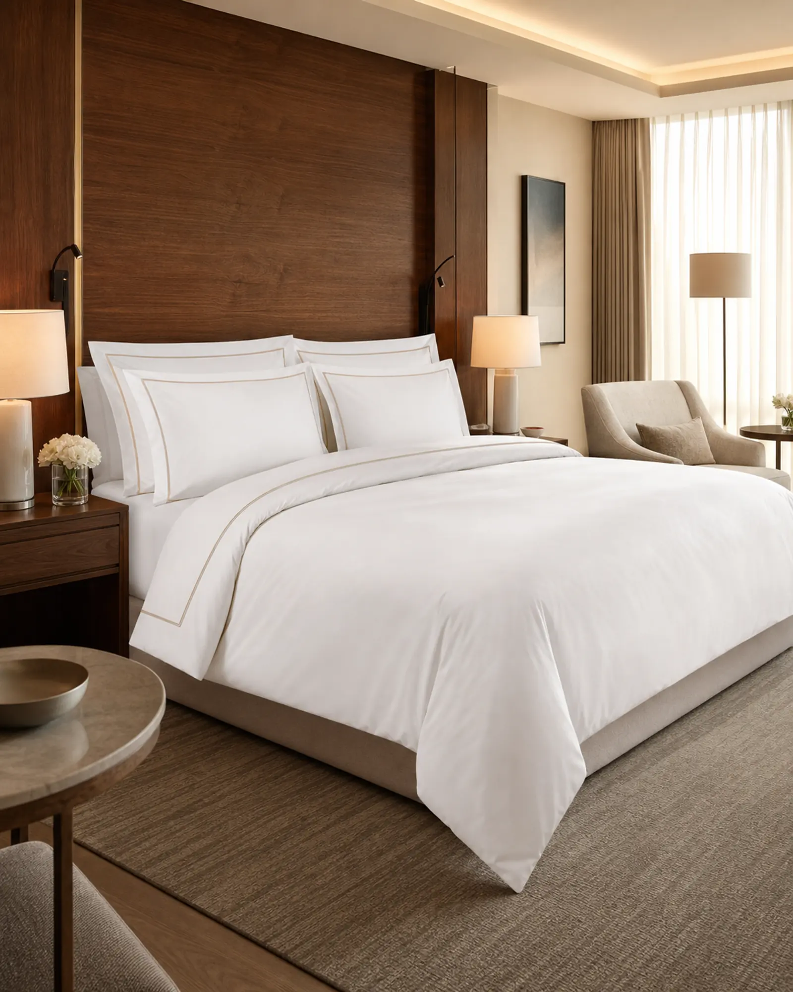 Crisp white king bed sheet set on a luxury hotel bed