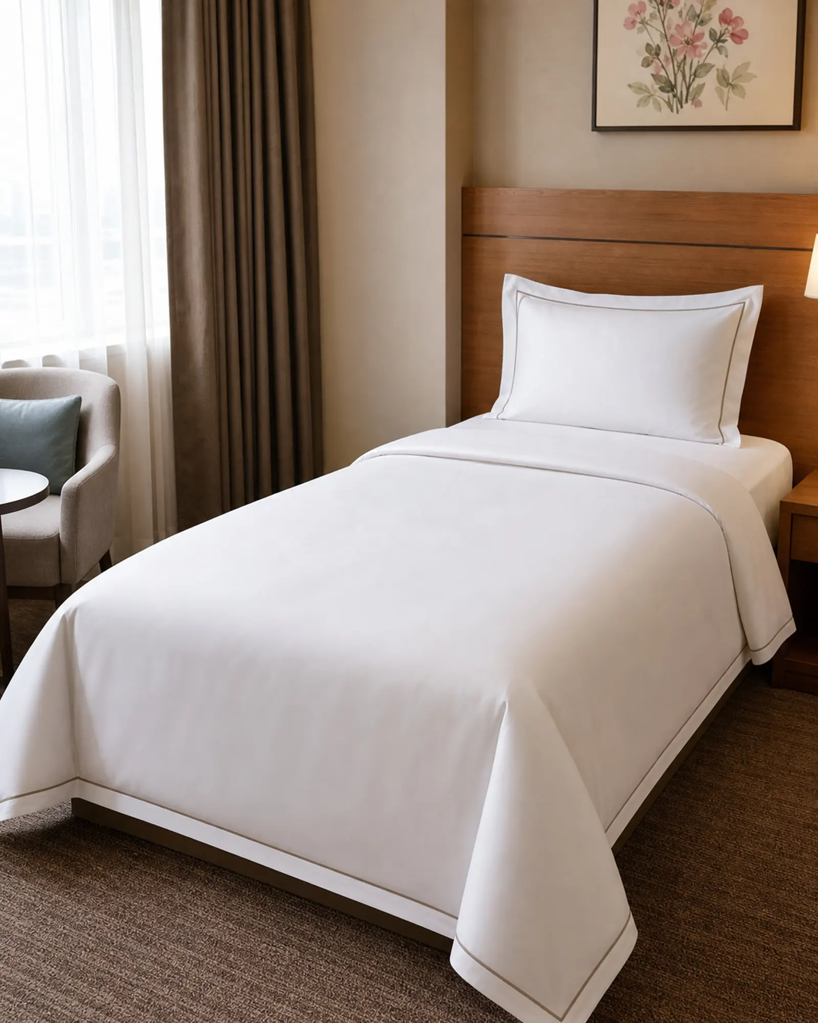 Single bed sheet set with crisp white hotel linen