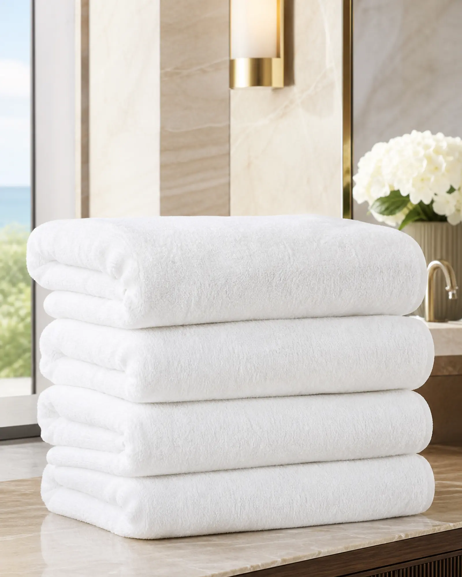 Thick white hotel bath towels stacked in a luxury bathroom