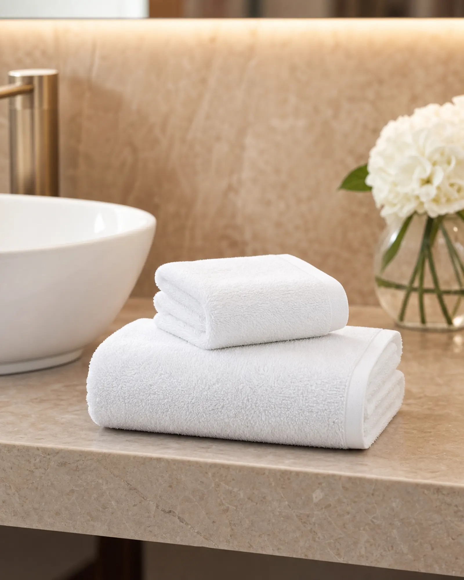 Small white face and hand towels folded for a hotel bathroom