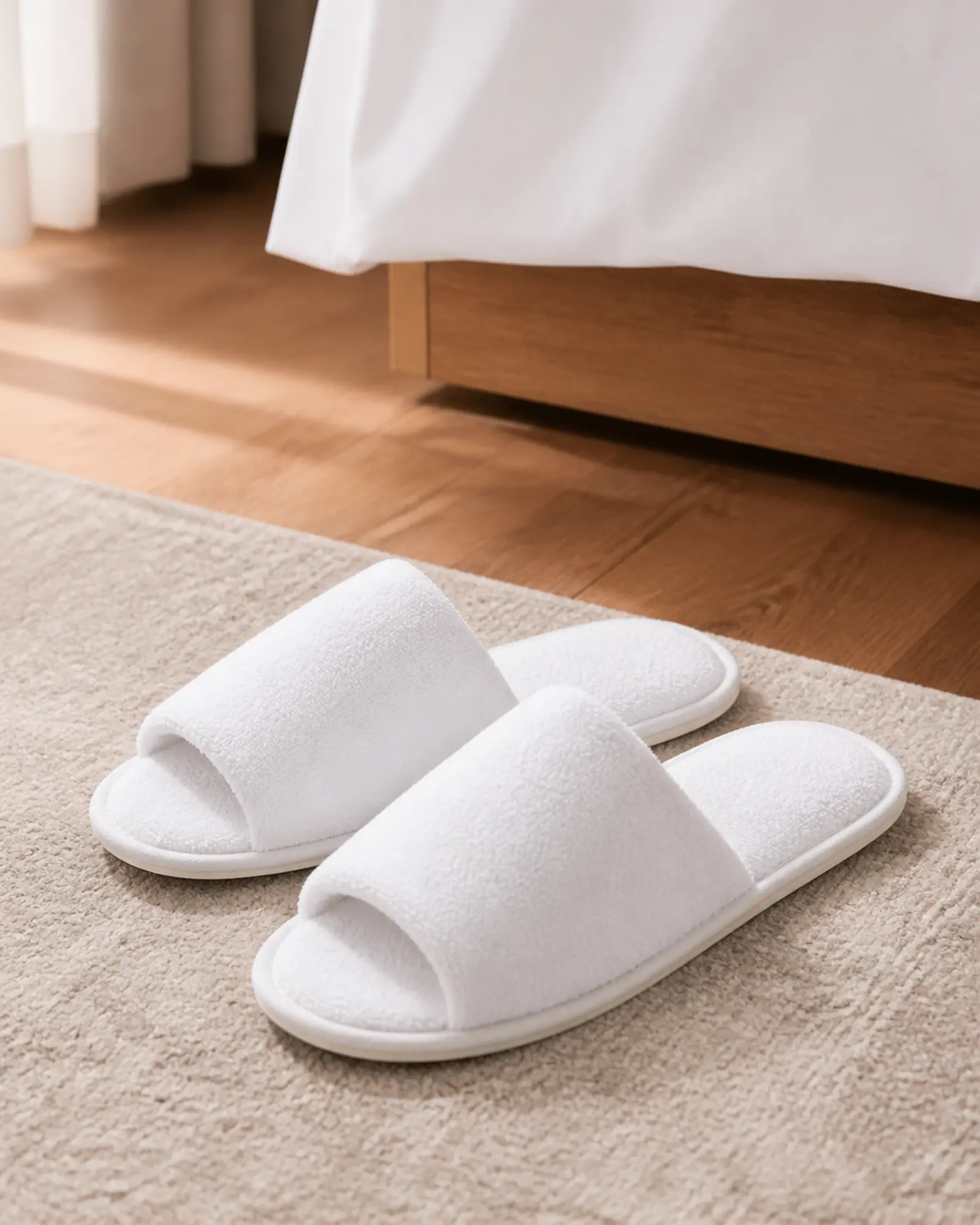 White cotton hotel slippers on a guest room floor