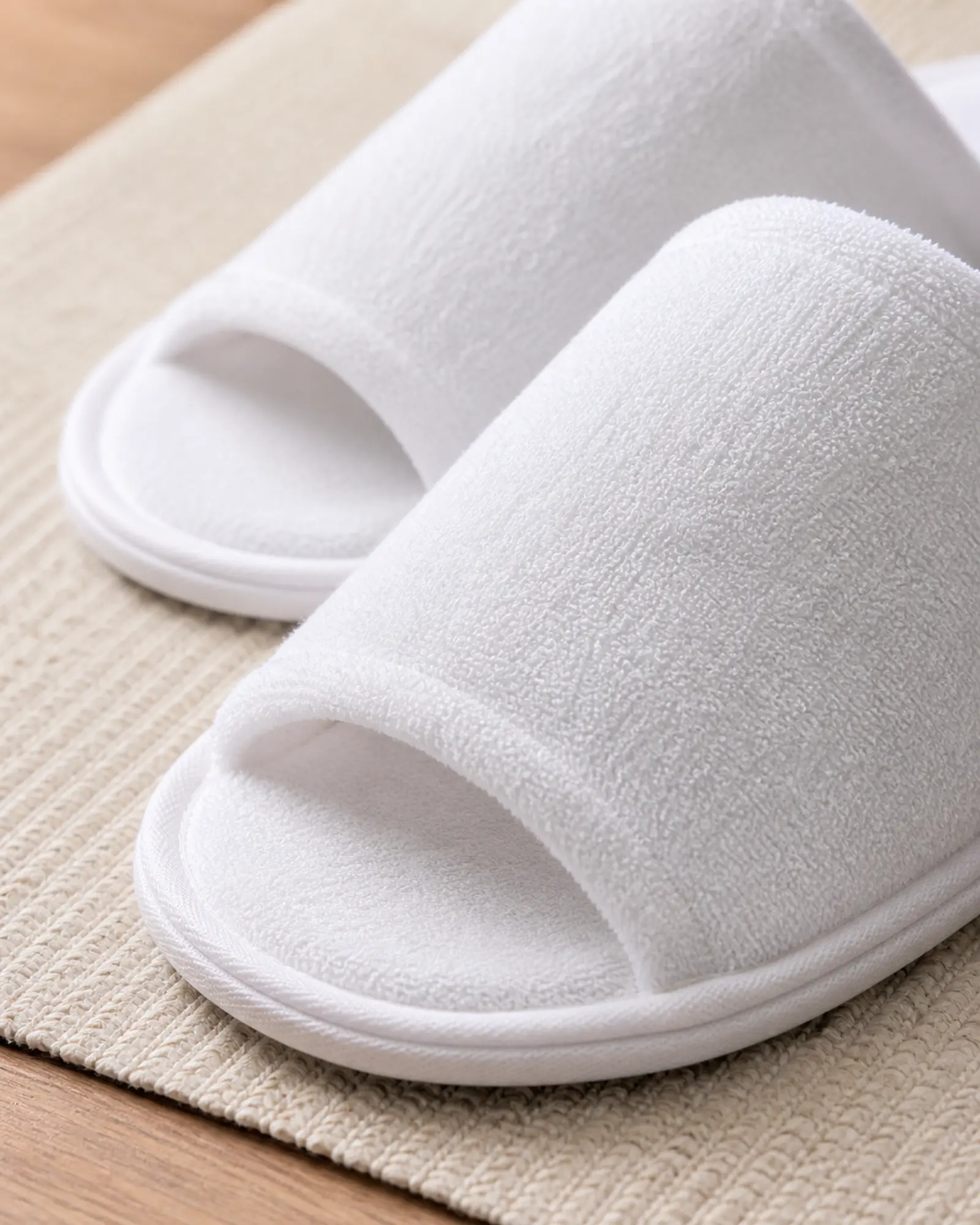 Cotton Slipper profile - White cotton hotel slippers on a guest room floor