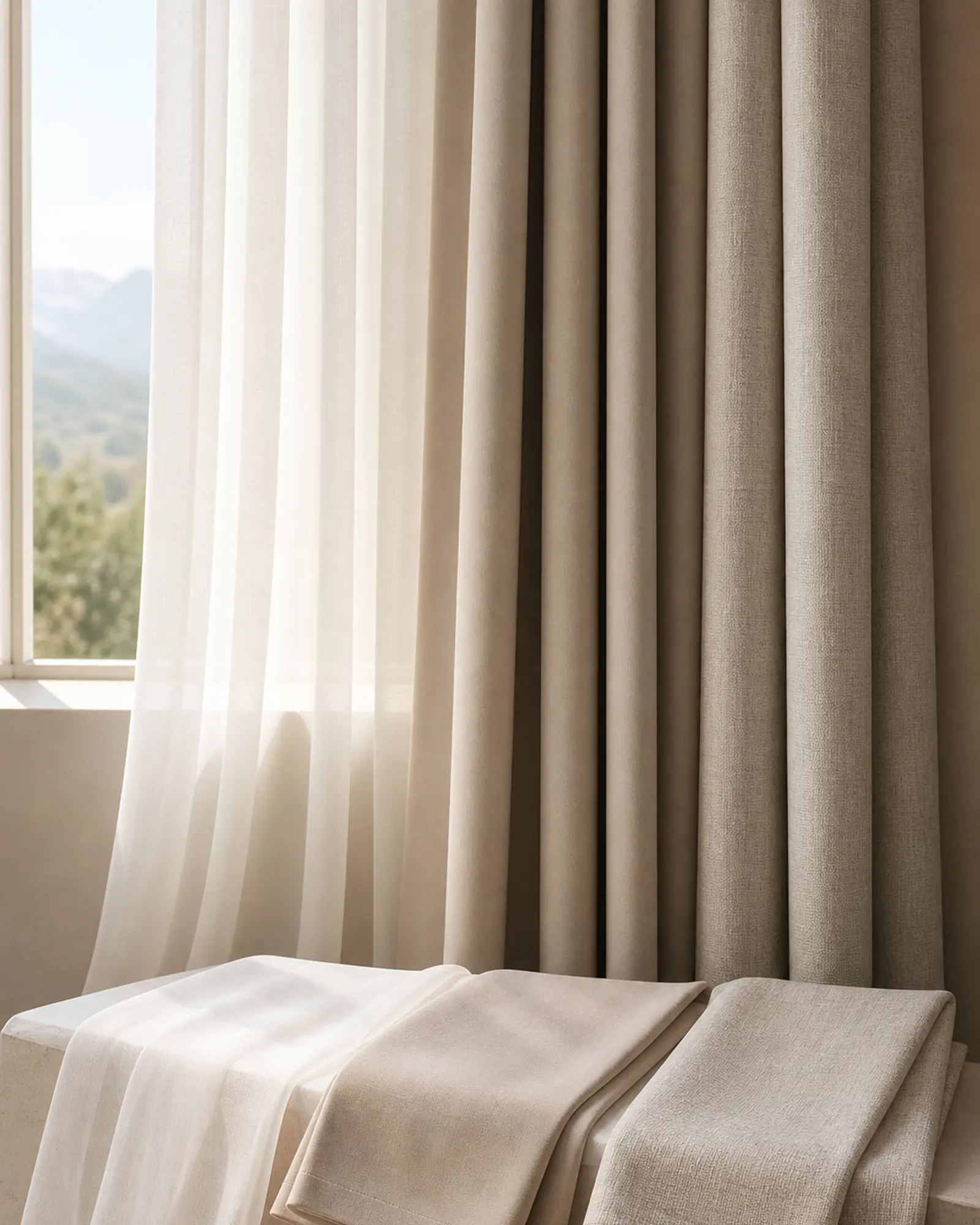 Layered hotel curtain fabric with sheer and blackout drapery