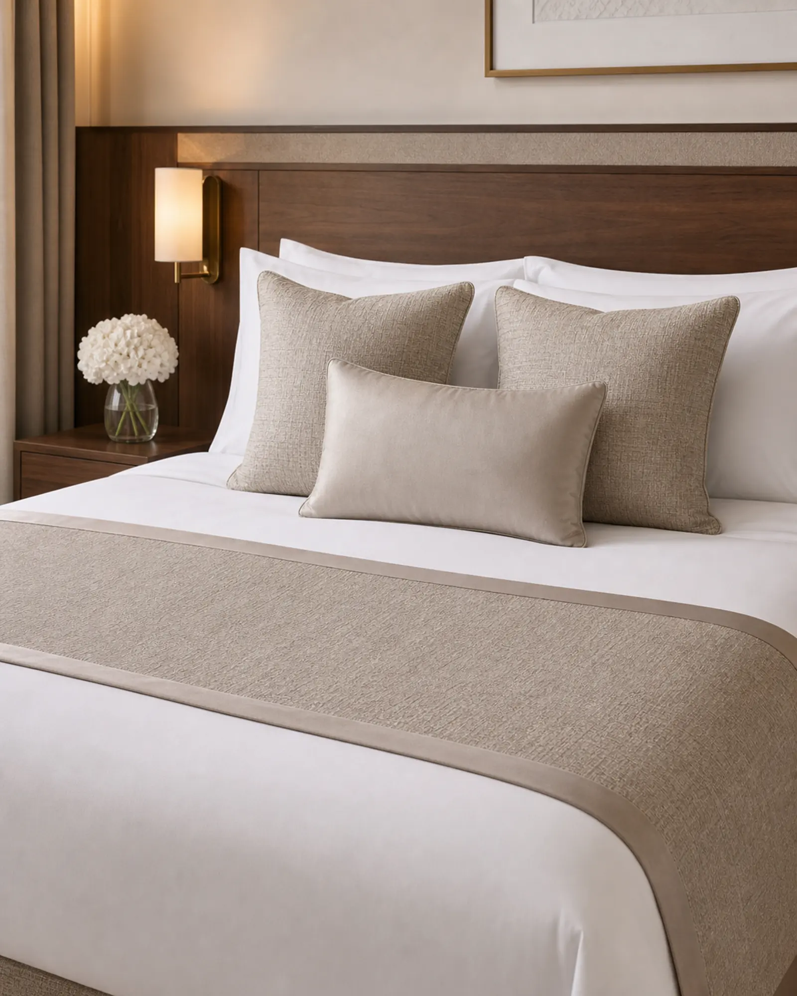Hotel bed runner and cushions coordinated with luxury room textiles