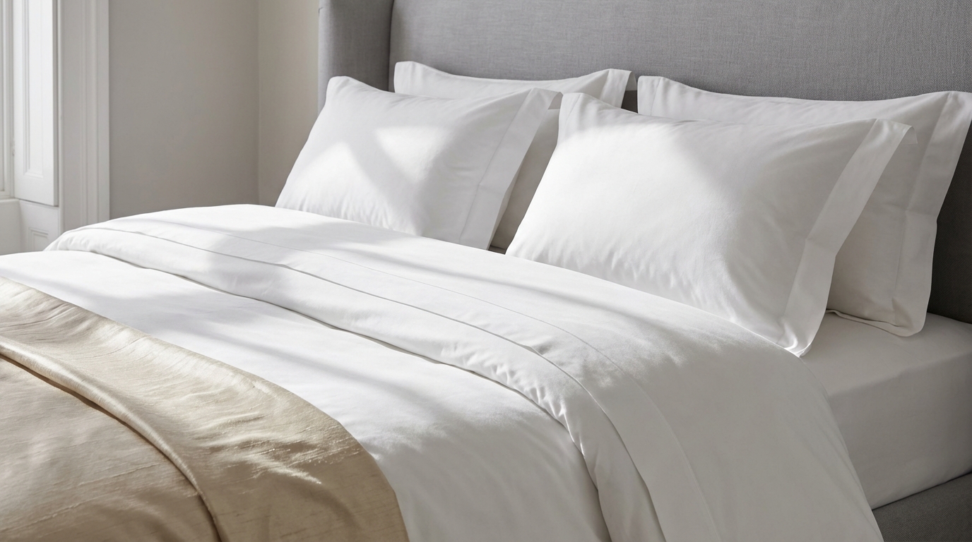 Close-up of luxury hotel bed with crisp white Egyptian cotton linen, Oxford pillowcases, and champagne silk throw
