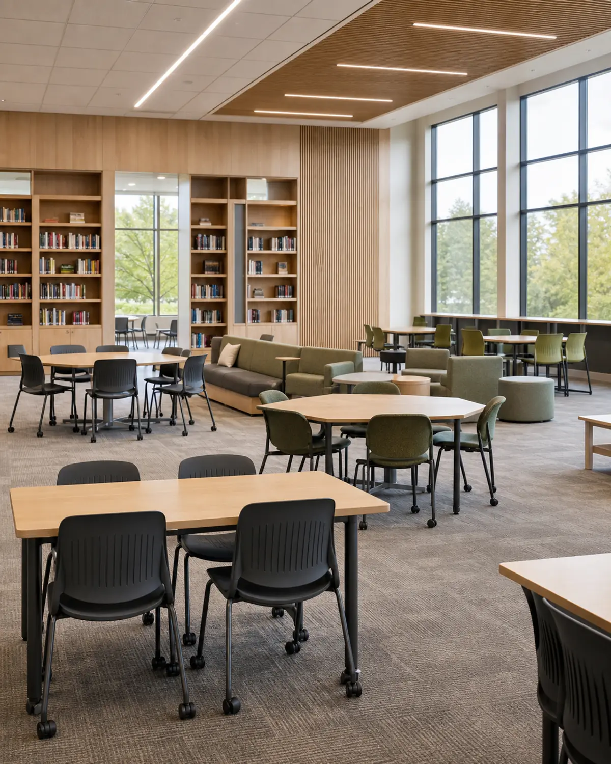 Modern education facility library with movable student desks, chairs on casters, lounge seating, bookshelves, and acoustic timber ceiling