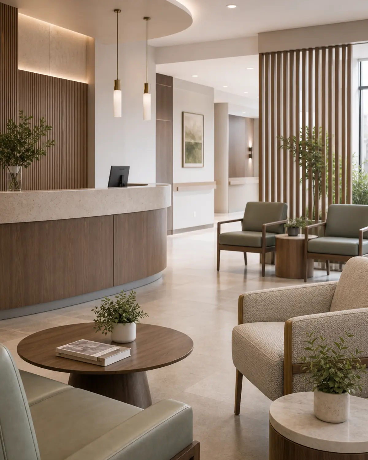 Modern healthcare reception with curved desk, durable waiting chairs, side tables, privacy slats, planters, and warm clinical finishes