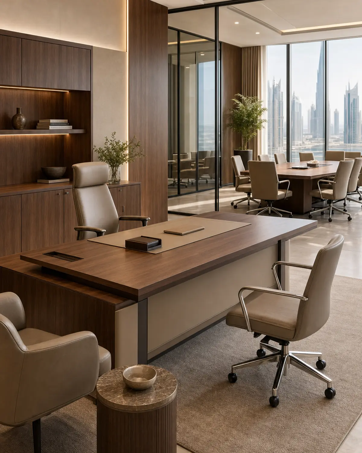 Premium Dubai executive office with walnut desks, leather task chairs, meeting table, built-in storage, and skyline view