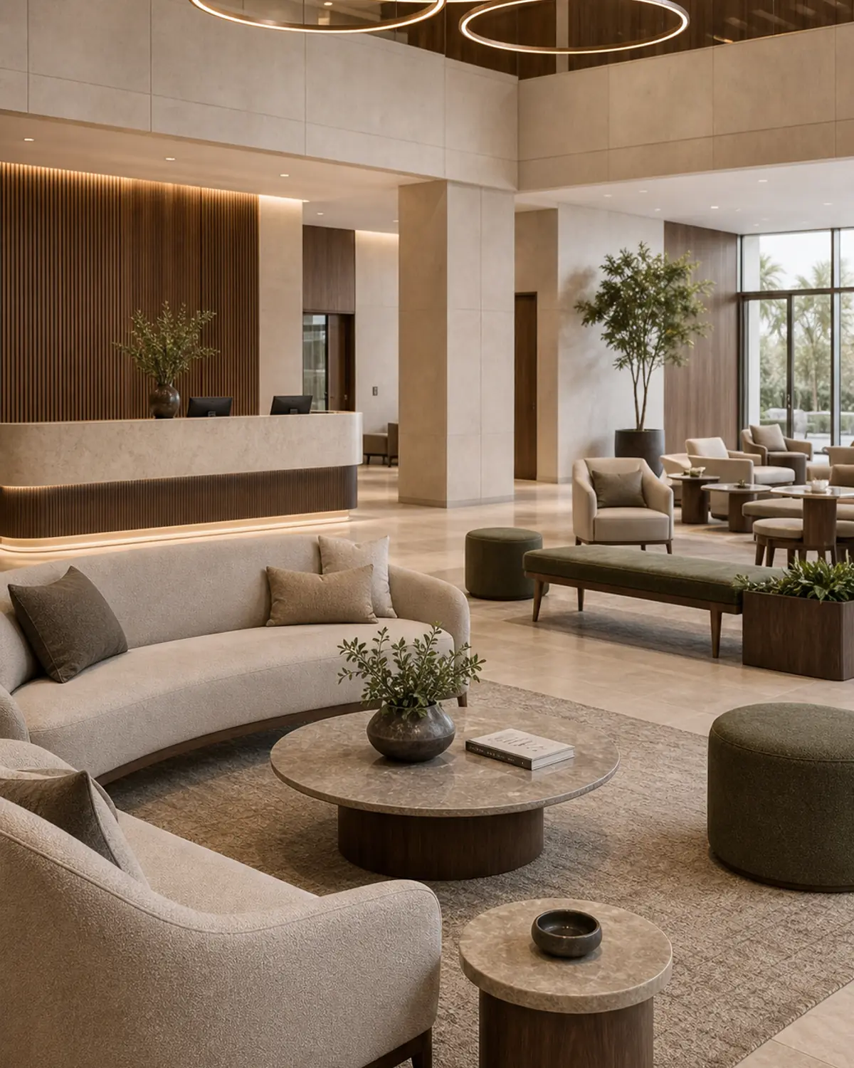 Premium building lobby with curved reception desk, lounge sofas, armchairs, marble tables, timber wall panels, plants, and decorative ring lights