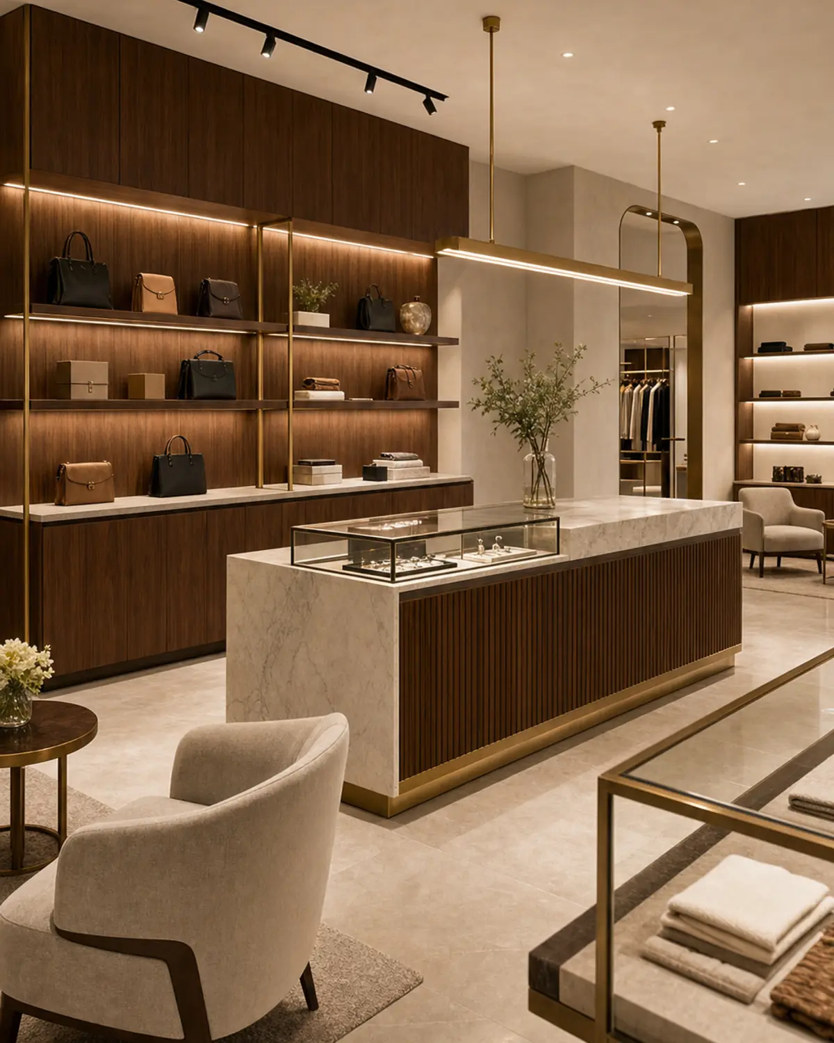 Luxury retail showroom with marble counter, walnut display shelving, brass trims, illuminated product walls, and upholstered customer seating