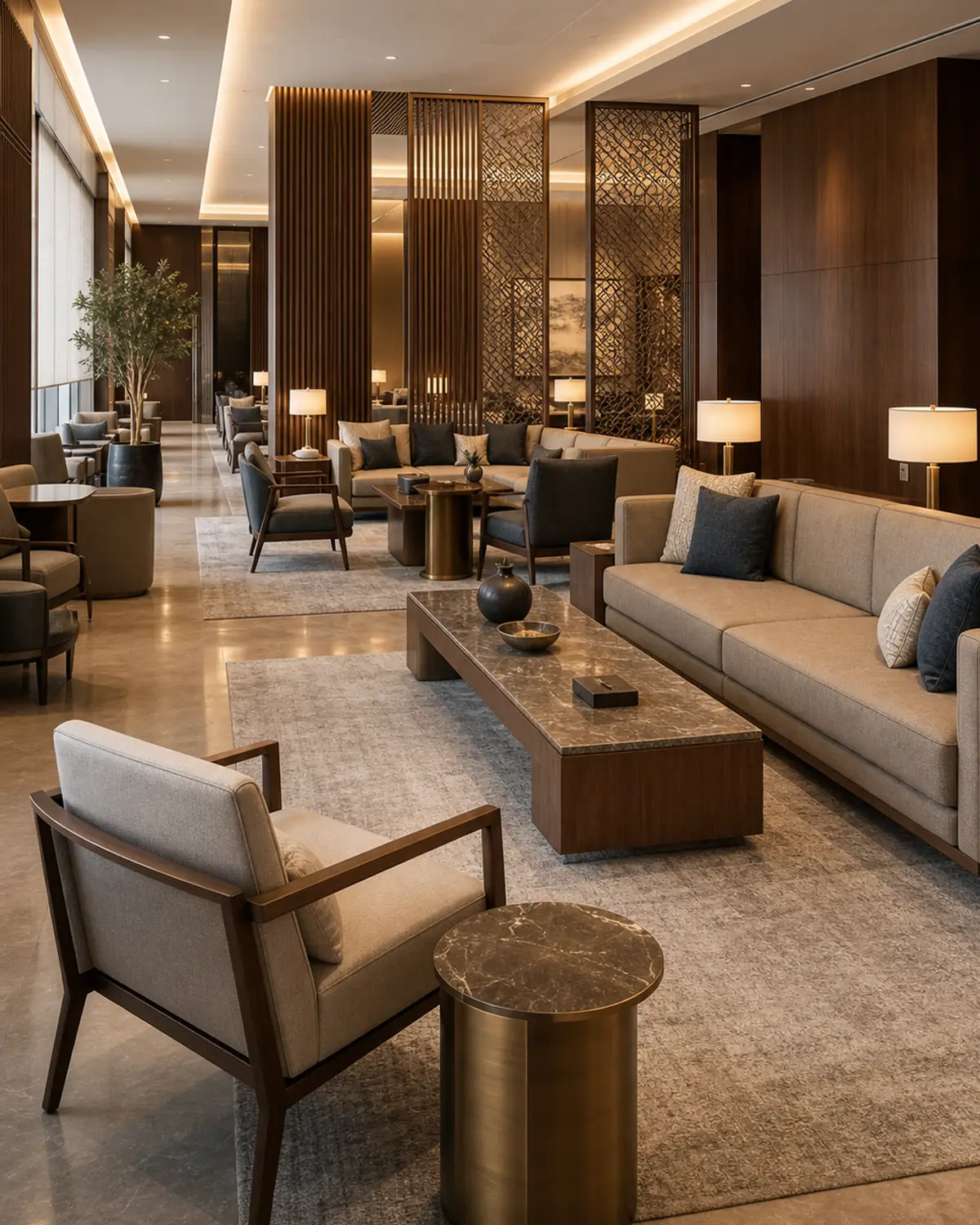 Luxury VIP lounge with majlis-inspired sofas, lounge chairs, brass side tables, marble coffee tables, carved privacy screens, and warm wood paneling