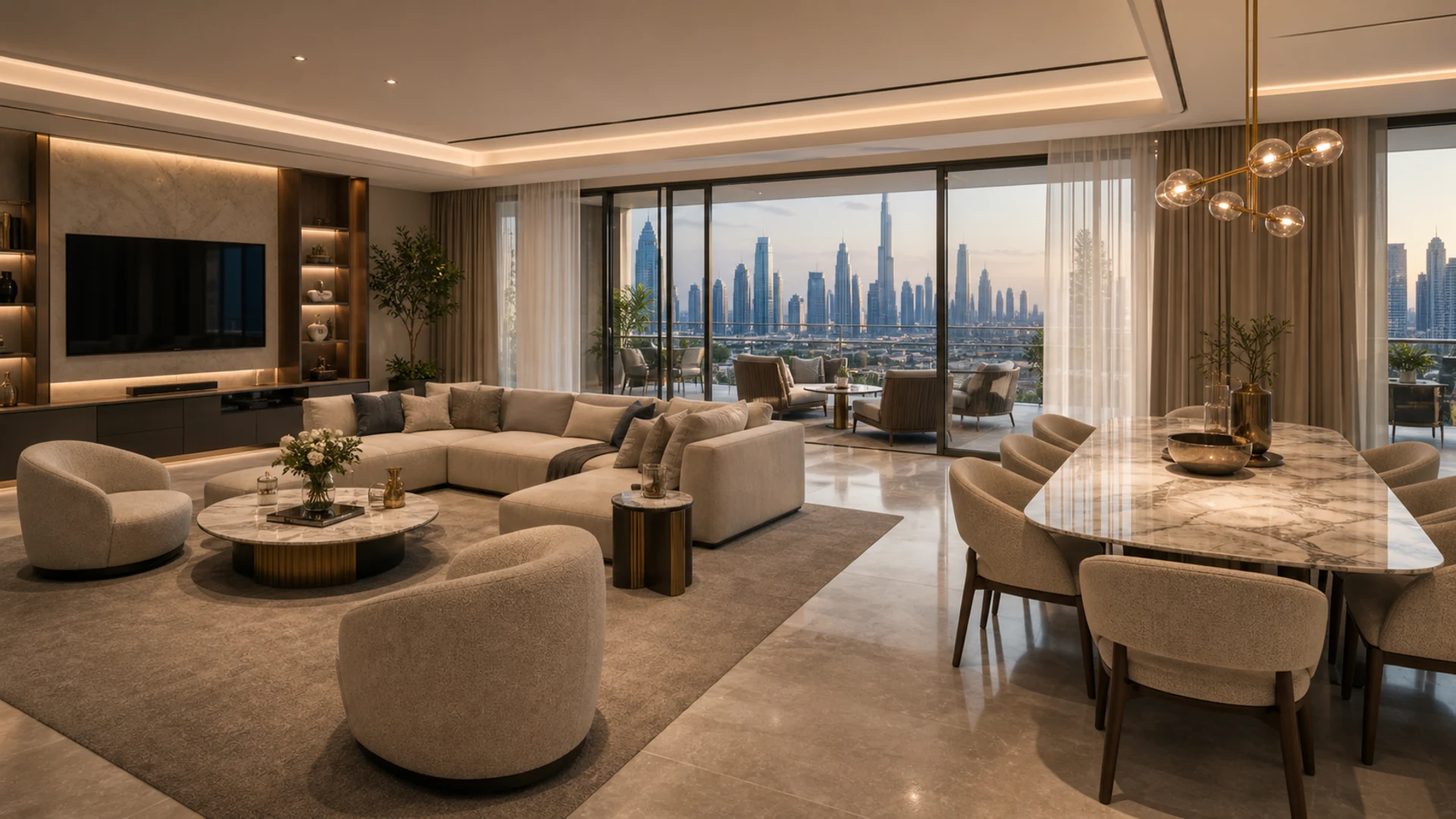 Luxury Dubai penthouse apartment with bespoke lounge furniture, marble dining table, fitted TV wall, balcony seating, and skyline view