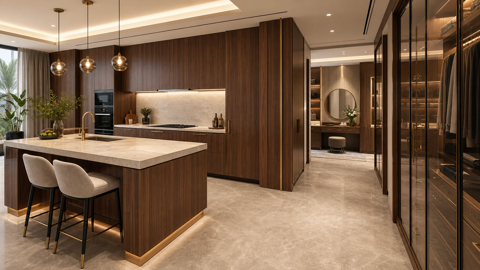 Luxury residential kitchen and walk-in wardrobe with walnut cabinetry, stone countertops, brass handles, integrated lighting, and soft-close storage
