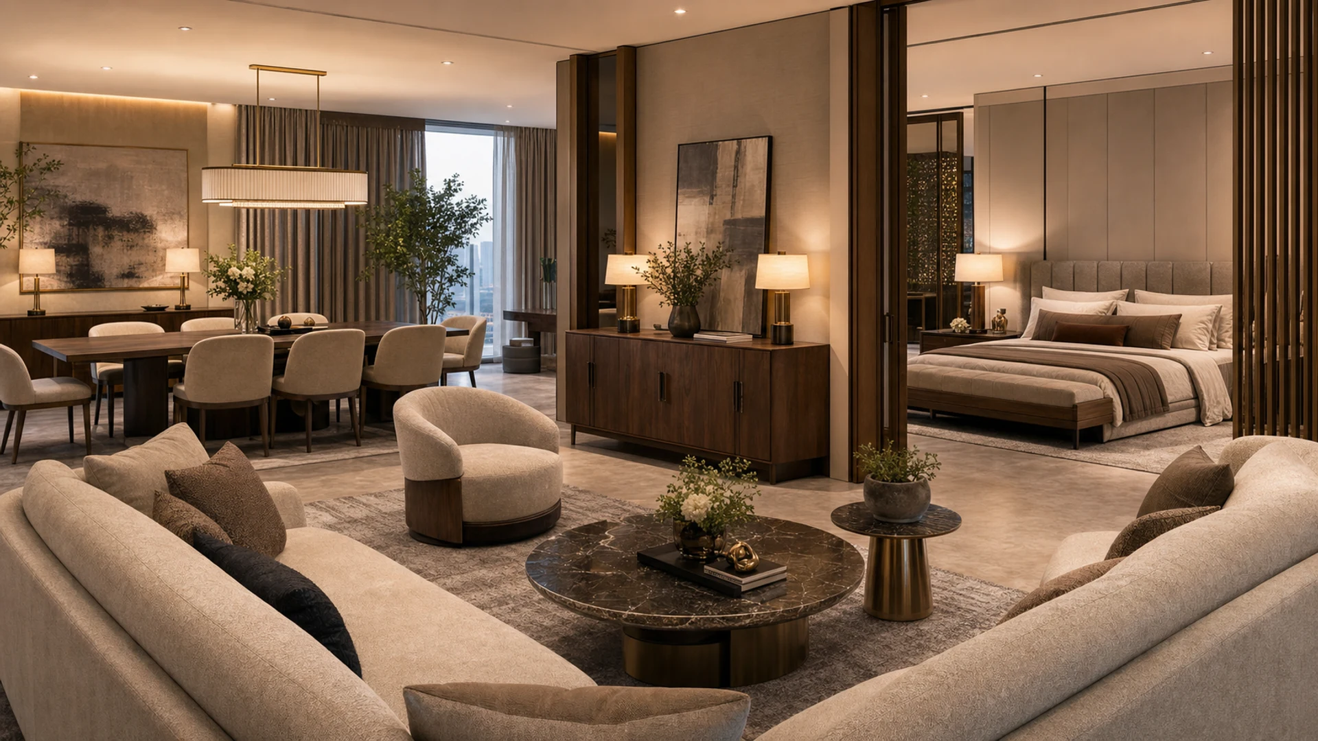 Open-plan residential living dining and bedroom furniture package with bespoke sofas, walnut dining table, upholstered bed, curtains, and decorative lighting