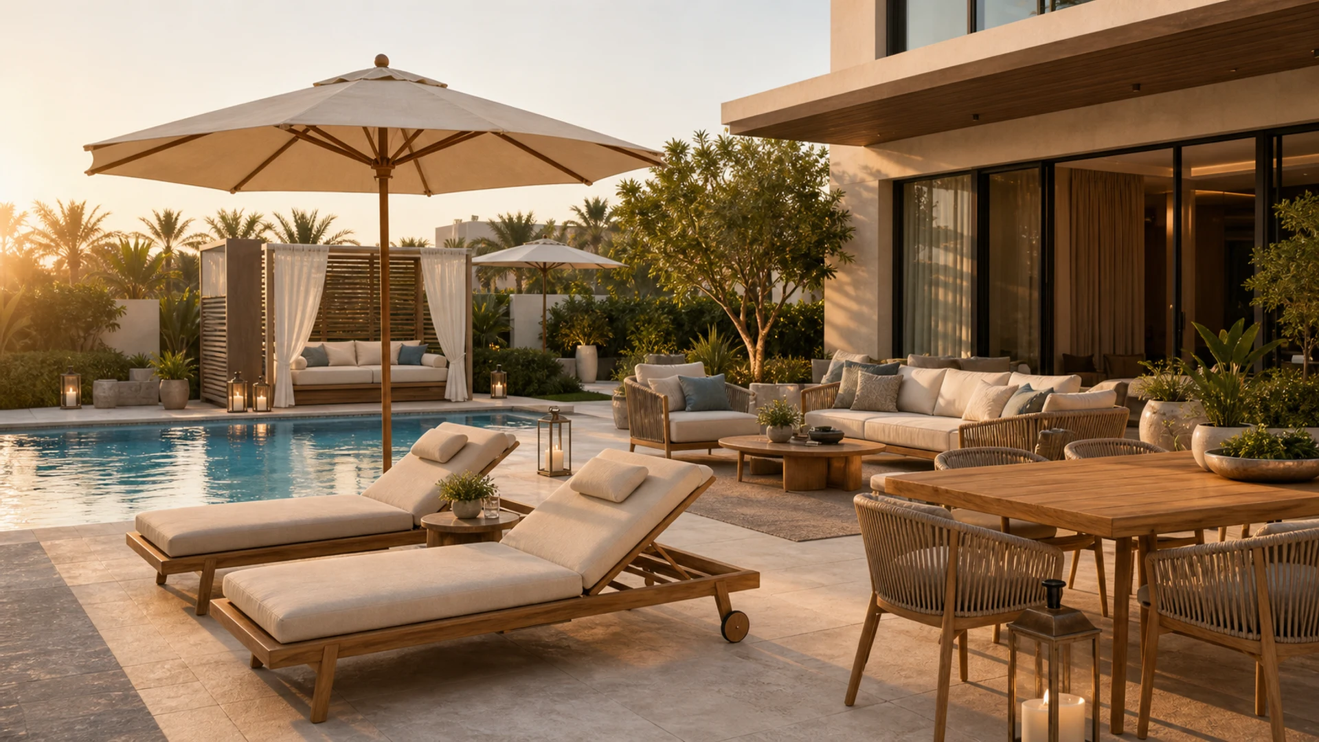 Luxury Dubai villa pool terrace with teak loungers, outdoor sofa set, dining table, umbrellas, planters, and warm evening lighting