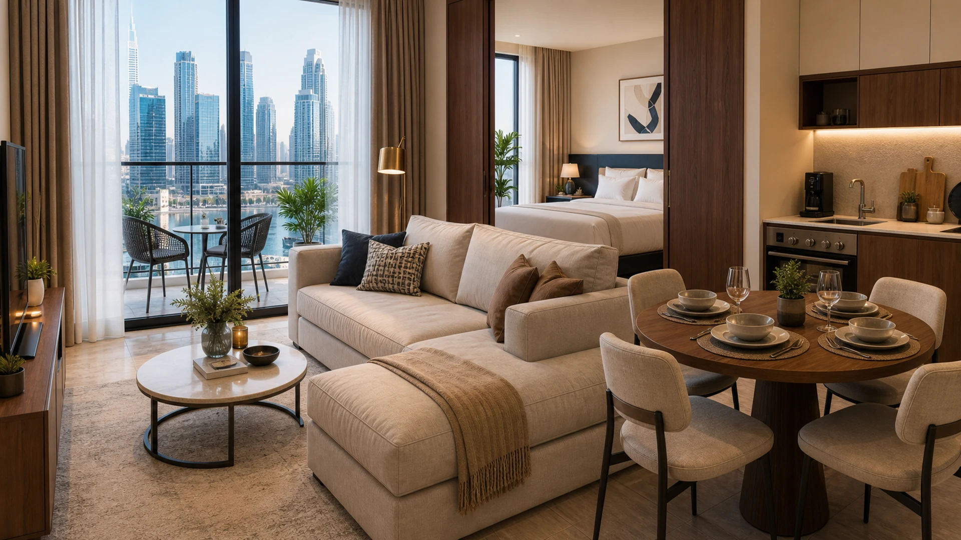 Dubai holiday home apartment interior with performance fabric sofa, dining table, bedroom furniture, decorative lighting, and guest-ready styling