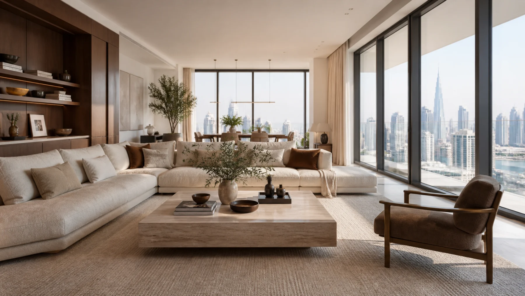 Furnished apartment living and dining area